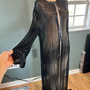 Vintage Sheer Silk Duster Gown Hand Beaded Art Deco Style Made In India W/Tag